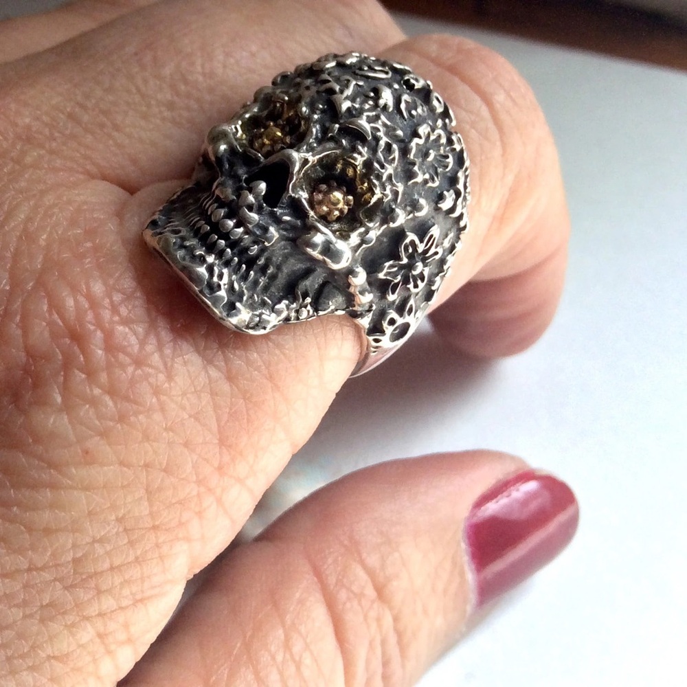 Sterling Silver Floral Skull Ring with Gold Accents - women’s Accessory